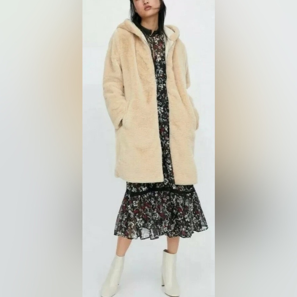Zara Beige Teddy Jacket Faux Fur Long Coat small